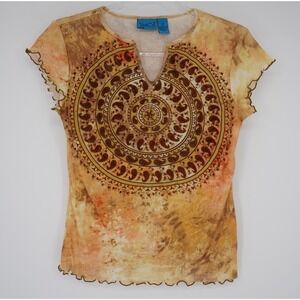 Teeco Y2K Mandala Print Split Neck Top Earth Fairy Boho Tone Lettuce Edge Small
